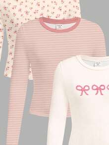 3件套少女休闲柔软舒适修身长袖T恤，饰有奶油色花卉、柔和粉色条纹和蝴蝶结图案，适合秋冬季节日常穿着、叠穿和休闲居家穿着。 - 彩色 - 查看 5