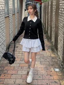 FRIFUL 女式黑白撞色领扭纹针织修身开衫，百搭秋季针织衫 - 黑色 - 查看 2