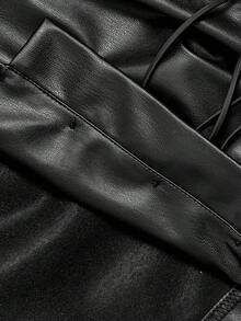 SHEIN MOD V领无袖侧系腰直筒黑色PU皮西装裤，圣诞节套装，秋冬休闲套装，优雅，乡村音乐会套装，圣诞节套装，新年套装，感恩节套装，冬季套装，外出裤，乡村音乐会套装，经典两件套，女士办公室服装，女士圣诞节服装，感恩节套装 - 黑色 - 查看 5