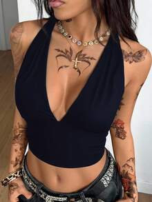 SHEIN EZwear 女士休闲性感露背紧身吊带背心，百搭，PU 材质 - 藏蓝色 - 查看 5