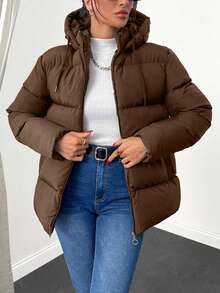 EURMUSE 女式纯色简约日常长袖连帽棉服外套 - 棕色 - 查看 3