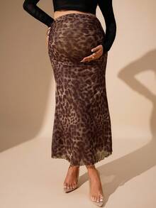 MaterniChic Autumn And Winter Leopard Print Casual Versatile Pleated Fitted Maternity Skirt Elegant Dresses For Party - Rust Brown - View 4