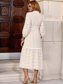 INAWLY 女款 SZ061 杏色长袖条纹衬衫裙 - 杏色 - 查看 2