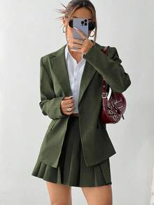 Flirla Solid Color Loose Waist Blazer Jacket And A-Line Pleated Skirt Suit, Early Autumn