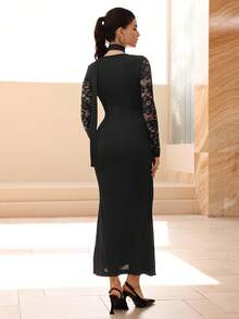 Modelyn 女式蕾丝拼布纹理针织优雅时尚连衣裙 - 黑色 - 查看 5