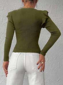 EURMUSE 95% Cotton Ribbed Knit Ruffle Trim Tee - Army Green - View 2