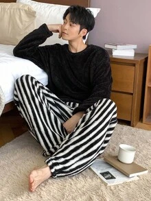 DAZY Men's Thermal Lined Black Top And Striped Pants Pajama Set, Autumn/Winter, Fall Clothes, Fluffy, Cozy