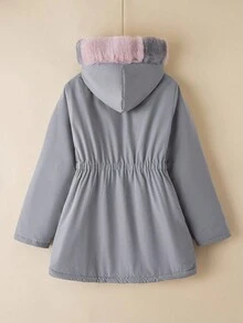 SHEIN 少女休闲百搭淑女粉色渐变色毛绒抽绳腰袋长款保暖棉服外套