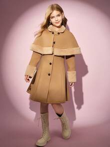 Tween Girls' Vintage Princess Dress, Autumn/Winter Double-Breasted Double-Sided Hooded Cloak Poncho Midi Overcoat Jacket Fall