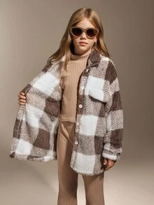 Hanevo 3pcs Tween Girl Collar Plaid Long Sleeve Jacket And Solid High Neck Rib Knit Top And Solid Rib Knit Flared Pants Set - Brown - View 6