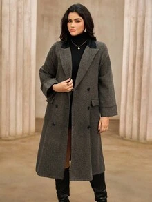 Roveilla 大码女式新款长款撞色拼接翻领羊毛大衣外套，优雅时尚外套 - 棕色 - 查看 5