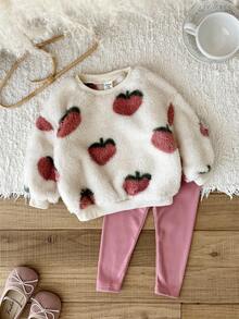LMoss Kids LMoss  2pcs Baby Girl Knitted Fluffy Strawberry Pattern Casual Sweatshirt And Leggings Set,Pink Leggings,Styles Confortables D'automne&Hiver,Pullover,Gemütliche Herbst- & Winterstile,Cozy Fall & Winter Styles