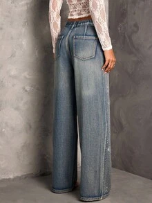 SHEIN BAE 女式休闲水洗水钻直筒牛仔裤 - 中等水洗藍 - 查看 2