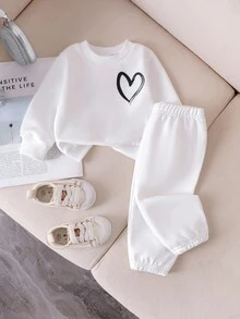 SHEIN 3件組嬰幼兒可愛粉色冬季家庭套裝 彩色愛心印花長袖針織連帽衛衣與長褲 秋季適用 - 彩色 - 查看 3