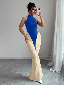Elenzga Đầm suông cổ yếm màu đen trắng, thắt eo, viền đuôi cá thanh lịch dành cho nữ, thích hợp mặc đi làm và mặc hàng ngày - Xanh đậm - Xem 4