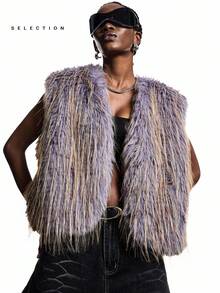LYSMO Damen Herbst/Winter offene Vorderseite ärmellose Fake-Pelz Modejacke