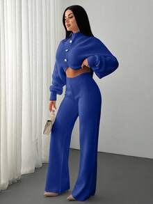 EURMUSE 2 Pieces Ribbed Knit Lounge Set Featuring Asymmetrical Sweater With Decorative Bow Accents And Matching High-Waisted Pants - Royal Blue - View 4