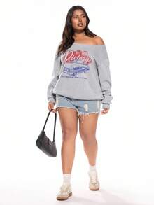 Solavibe Damen Große Größen Loose Fit Lässig Minimalistische Rennwagen Muster Oversize Sweatshirt, Drop-Shoulder, Ausschnitt, Herbst/Winter - Hellgrau - Übersicht 2