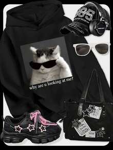 SHEIN Sparklyn Tween Girl 字母和小猫印花长袖连帽运动衫 - 黑色 - 查看 1