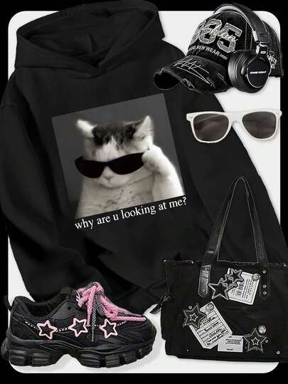 SHEIN Sparklyn Tween Girl 字母和小猫印花长袖连帽运动衫