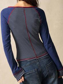 Bohemela Women's Striped Button Half-Placket Raglan Sleeve Casual T-Shirt - Multicolor - View 6