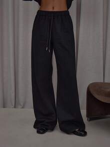 MUSERA Wide Leg Embroidered '' Logo Elasticated Drawstring Waist Joggers Bottom Only Streetwear Cute Classy Casual Sexy Going Out Toffee - Black - View 2
