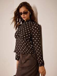 COSMINA 女式波尔卡圆点印花中式领长袖镂空设计时尚衬衫 - 彩色 - 查看 4