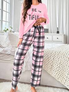 Women's Letter Print Round Neck Long Sleeve Top And Plaid Pants Pajama Set, Fall Clothes