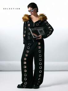 LYSMO 女式休闲落肩孔眼设计连帽夹克，秋冬 - 黑色 - 查看 6