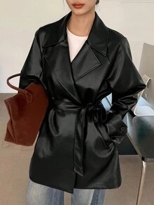 DAZY Veste coupe-vent mi-longue en PU pour femmes, décontractée et polyvalente