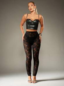 MISSGUIDED Sparkly Black Lace Pattern Leggings Evening Party Club Festival Holiday Night Out Glitter Mesh Stretch Pants Sheer Floral Transparent - Black - View 4