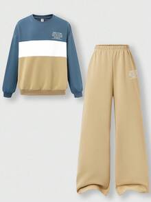 SHEIN Explorewe 2 件套青少年男童拼色拼接上衣和宽松阔腿裤套装，分层外观，圆领简约而百搭，适合外出、上学、休闲穿着 - 彩色 - 查看 3