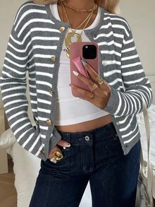 SHEIN EZwear 女式条纹休闲长袖针织开衫，秋季 - 灰色 - 查看 6