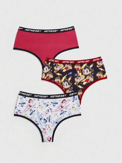 Astro Boy X ROMWE 3 pièces Culottes jacquard à motif de bandes dessinées amusantes et lettres pour femmes