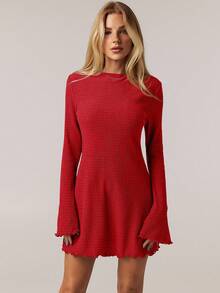 SHEIN Forever 21 1 chiếc váy tay loe thanh lịch màu trơn thường ngày dành cho nữ, mùa xuân/hè - Đỏ - Xem 6