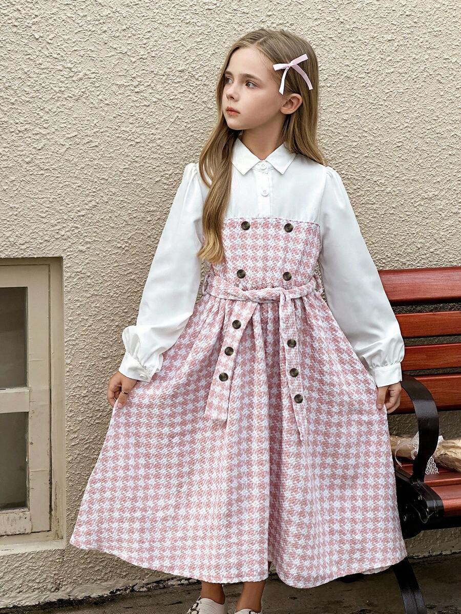 Tween Girls Cute White Shirt Top Spliced With Pink Plaid Long Sleeve Dress, Autumn/Winter Fall - Pink - View 1