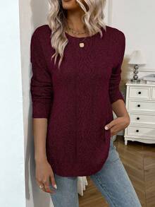 EMERY ROSE Elegant Solid Color Long Sleeve Crew Neck Versatile Women Sweater - Red - View 4