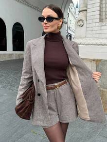 Lavishia Wide Shoulder Blazer Jacket And Short Plaid English Retro Commuter Coat, Autumn/Winter Women's Winter Coat Fall Clothes Elegant Plaid  Brown - Multicolor - View 6