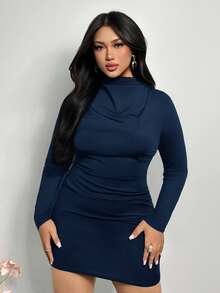 Firerie 大码优雅通勤知性音乐节黑色性感修身褶饰紧身迷你连衣裙，适合情人节、音乐会、表演、约会、正式晚宴、庆典、婚礼、性感、优雅、通勤、返校、度假、海滩、浪漫、办公室女神、美人鱼风格、生日派对 - 藏蓝色 - 查看 7