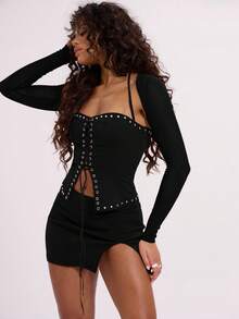 MUSERA 外出弹力编织镂空系带露背上衣和披肩式上衣，适合假日伊比沙岛海滩装扮、西部锐舞派对、度假夜生活、西部风情外出上衣、俱乐部派对