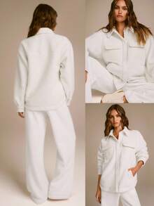 GLOWMODE 冬季寒冷保暖绗缝羊毛加厚极地翻盖口袋及臀羊毛混纺衬衫夹克秋冬户外日常休闲 - 白色 - 查看 8