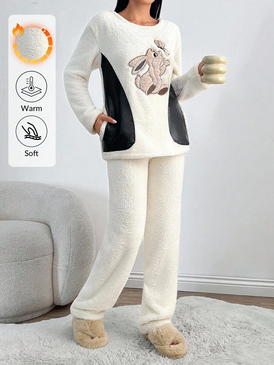 EURMUSE Kaninchen Fleece Pyjama Set - Gemütliches Oberteil mit Kontrastpaneelen & weiche Winterhose, süße Loungewear für Zuhause & Schlaf