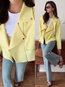 Elyressa Women's Zipper Design French Casual Daily Commute Fashion Elegant Street Vintage Versatile Holiday Business Pale Yellow Autumn/Winter Long Sleeve Motorcycle Jacket