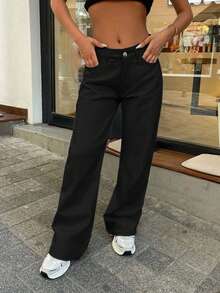 SHEIN 100% 纯棉低腰阔腿剪裁白色小码牛仔裤 - 黑色 - 查看 6