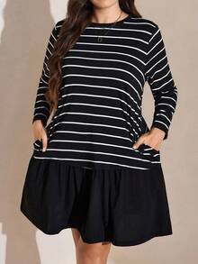 Comfylo Plus Size Casual Everyday Striped Round Neck Ruffle Hem Dress, Autumn Dresses For Women - Black and White - View 1