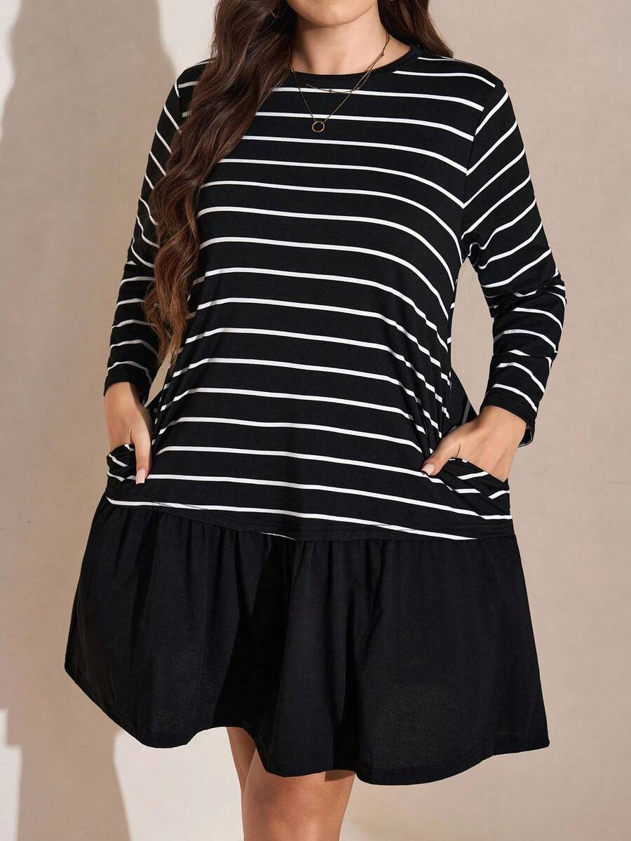 Comfylo Plus Size Casual Everyday Striped Round Neck Ruffle Hem Dress, Autumn Dresses For Women - Black and White - View 1
