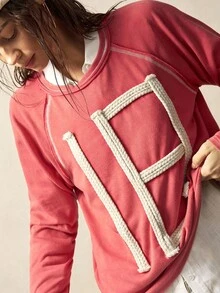 Bohemela Women's Casual Solid Color Knit Crew Neck Long Sleeve Loose Washed Top - Red - View 5