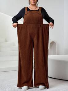 SHEIN CURVE+ Plus Size Women Brown Ribbed Fabric Jumpsuit, Autumn/Winter