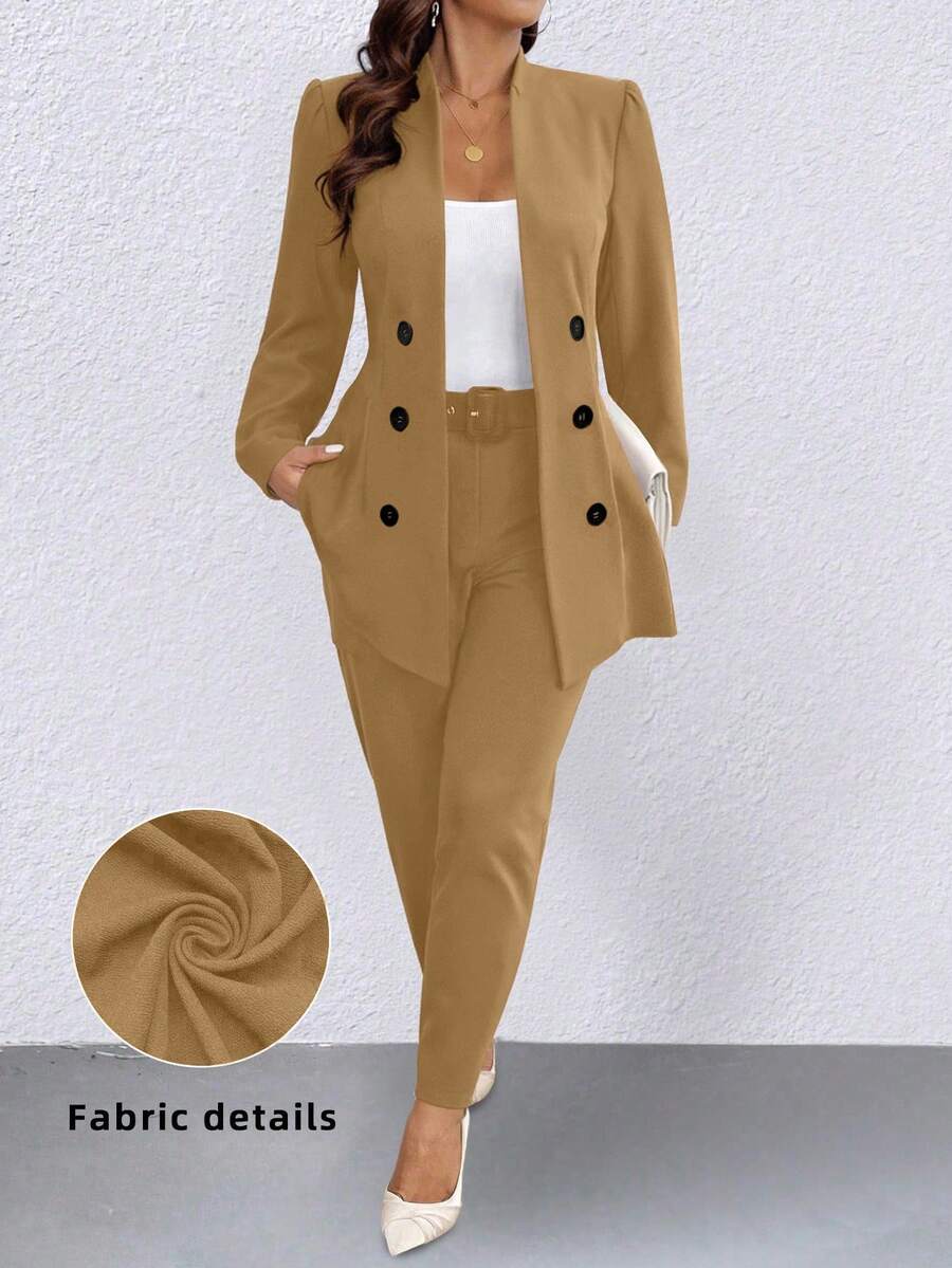Elenzga 大码时尚商务双排扣西装套装（夹克和裤子） - 卡其色 - 查看 1