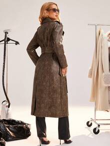 SHEIN Unity Damen Herbst Kragen Langarm Batik PU Leder Lang Trenchcoat
